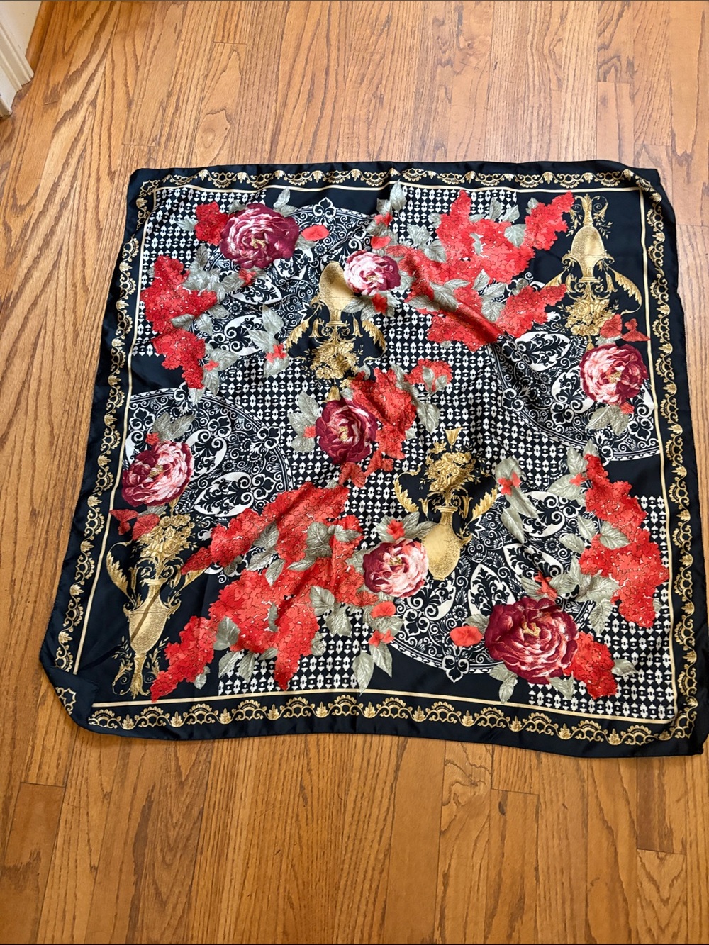 Floral Black Silk-Feel Square Scarf with Red Rose Print